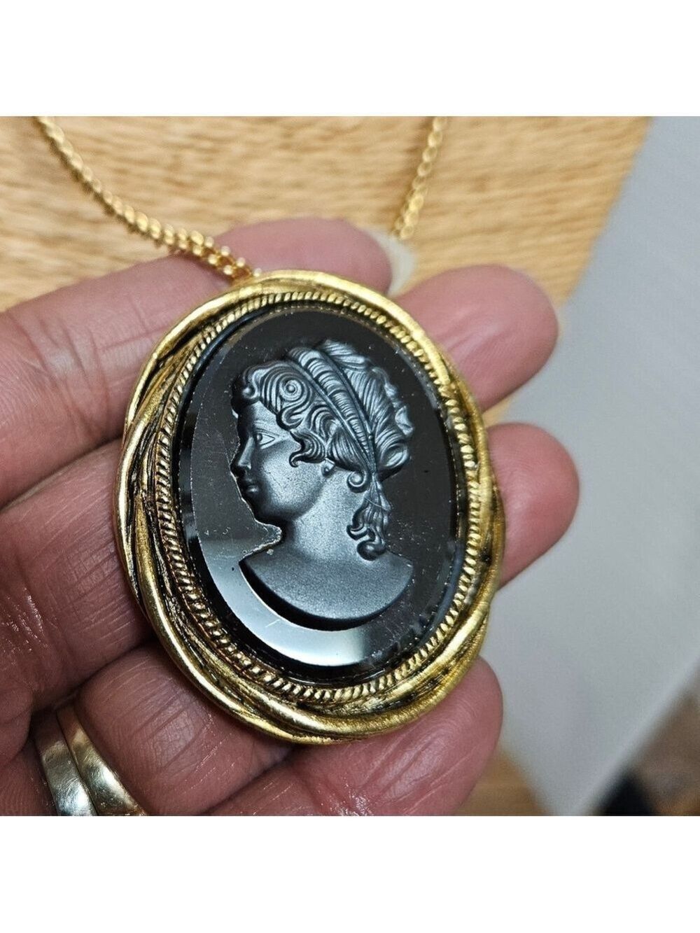 Vintage 60s Black on Black Raised Glass Cameo Pendant-Pin (with Chain)